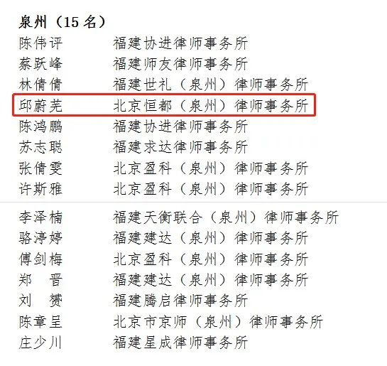 Z6·尊龙凯时泉州分所邱蔚芜律师入选福建省第五期优秀青年律师人才库